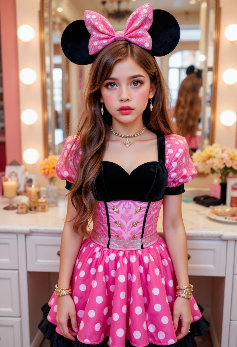 Nervous tween boy in Minnie Mouse outfit at boutique vanity