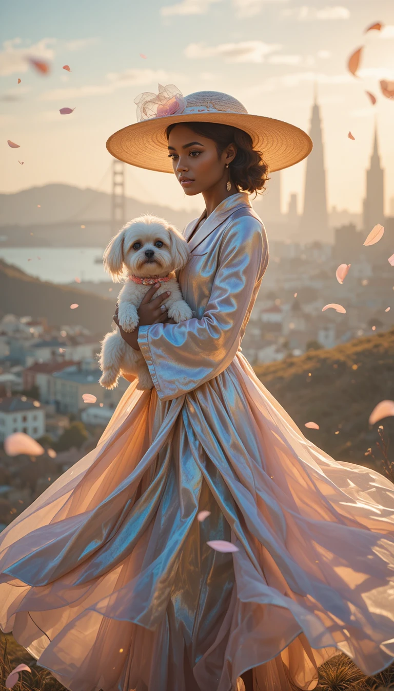 Dançarina segurando um shih tzu diante do skyline ensolarado de São Francisco