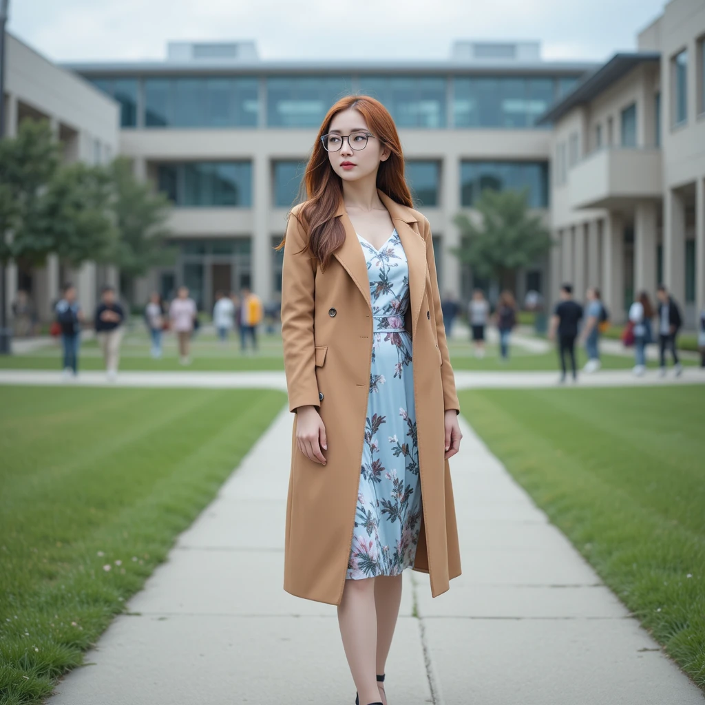 Koreanische Studentin im Trenchcoat wartet auf einem Campusweg
