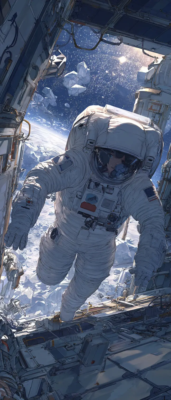Astronaute réparant une station spatiale endommagée au style anime