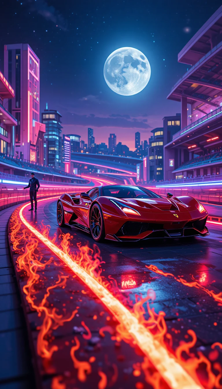 Carro esportivo vermelho futurista correndo em pista de cidade neon