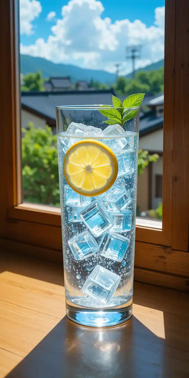 Sprudelndes Zitronenwasser im Sonnenlicht auf einer hölzernen Fensterbank
