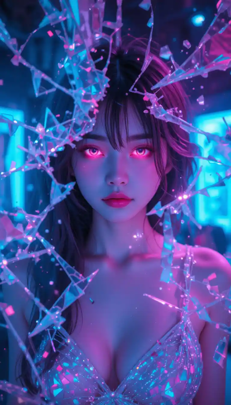 Anime-Idol-Mädchen vor einem gesprungenen neonleuchtenden Digitalspiegel