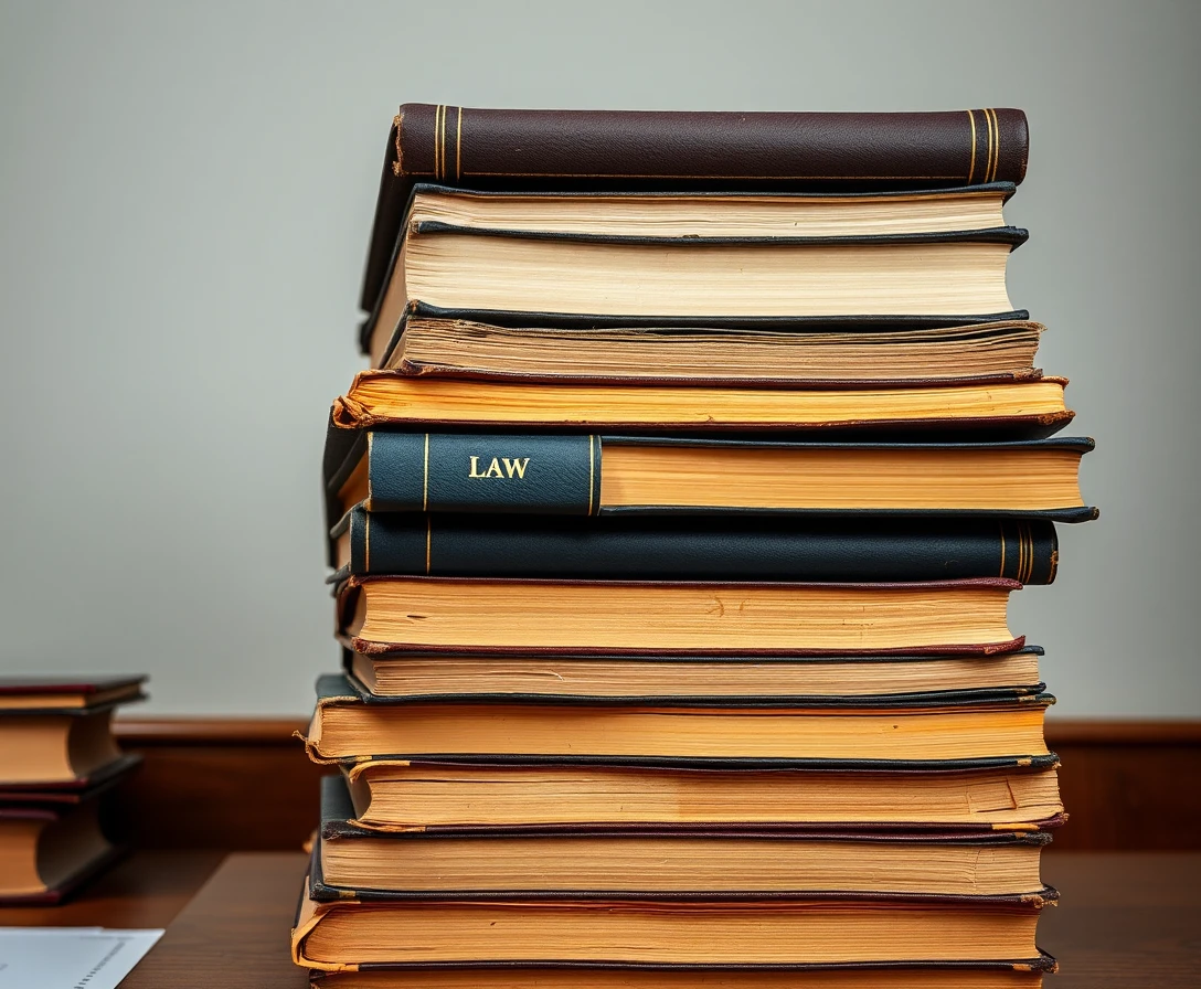 Pila de libros de derecho desgastados en una oficina silenciosa