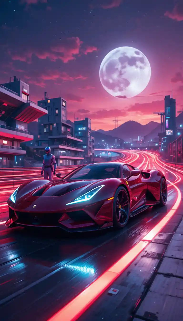 Carro esportivo vermelho futurista correndo em pista de cidade neon