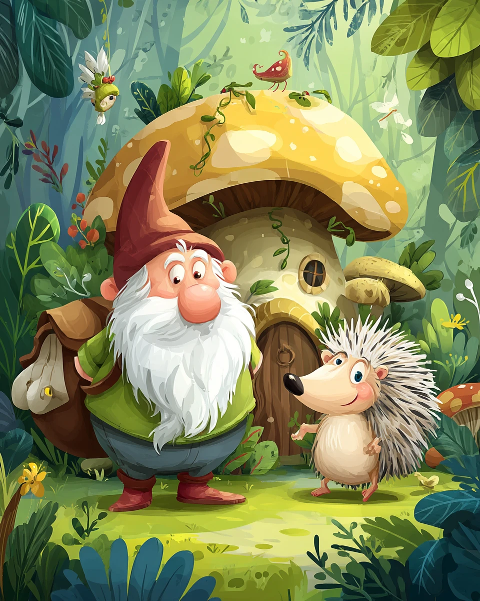 Gnome joyeux et hérisson près d’une maison champignon