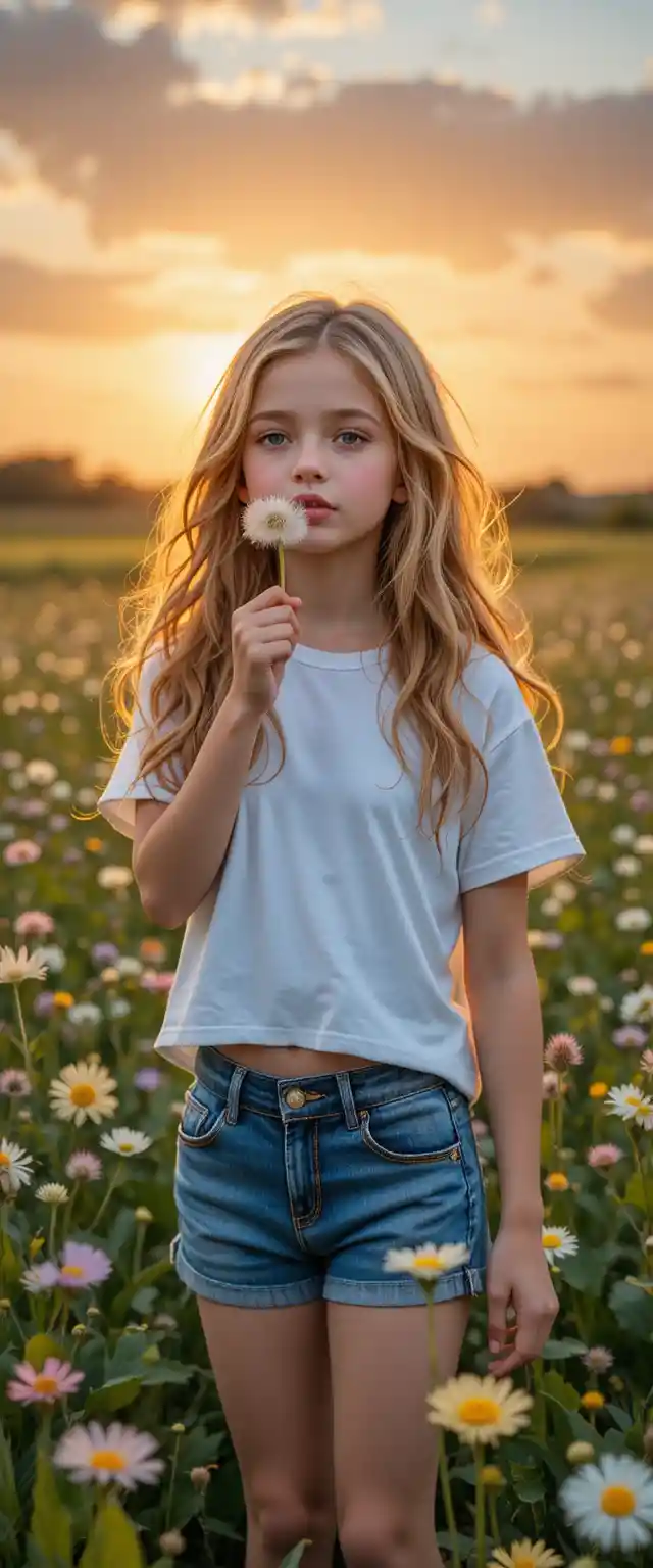 Jeune fille soufflant sur un pissenlit dans un champ de fleurs au coucher du soleil