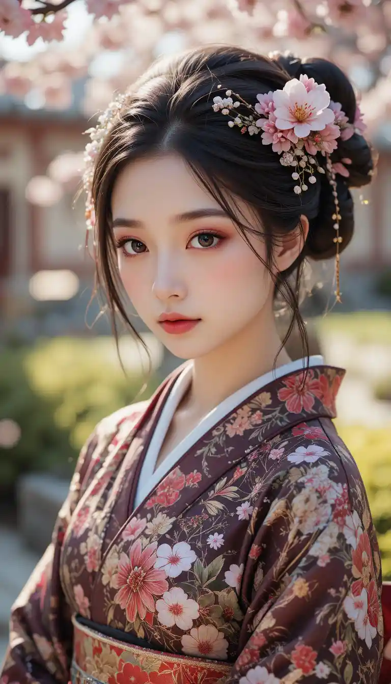 Japanese idol girl in kimono among cherry blossoms