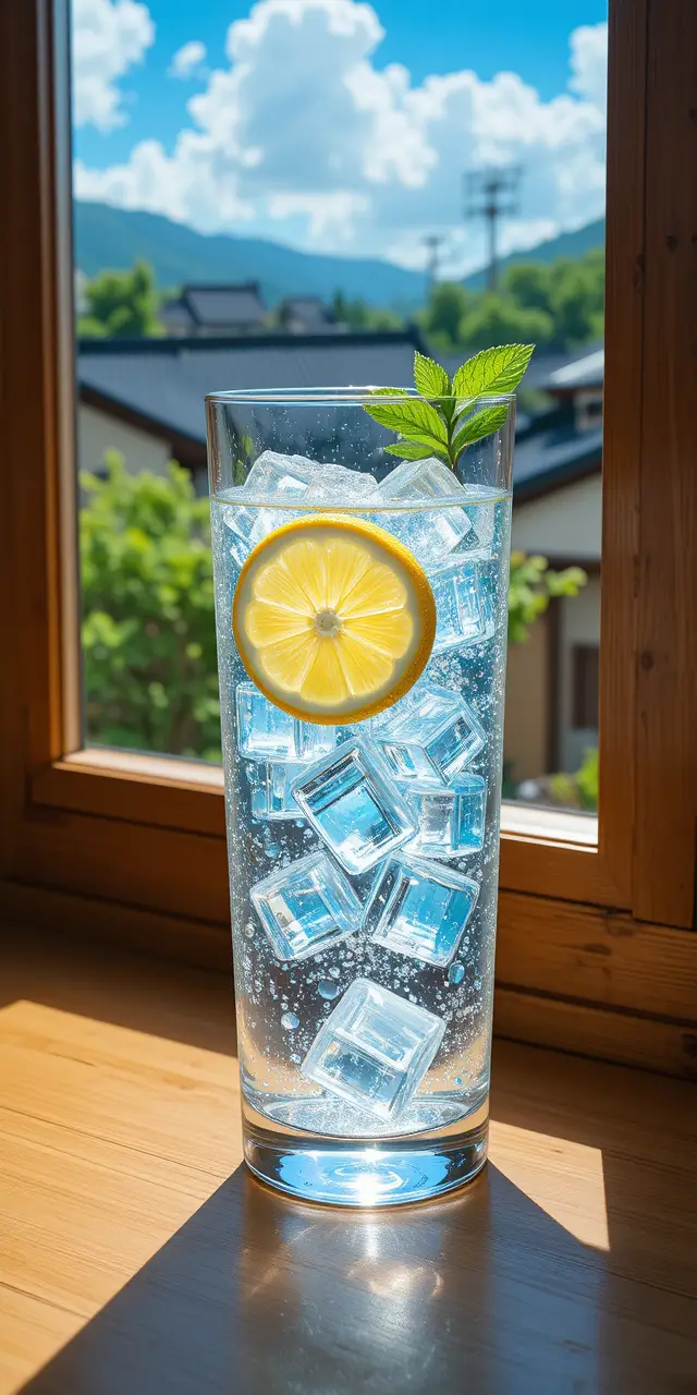 Sprudelndes Zitronenwasser im Sonnenlicht auf einer hölzernen Fensterbank