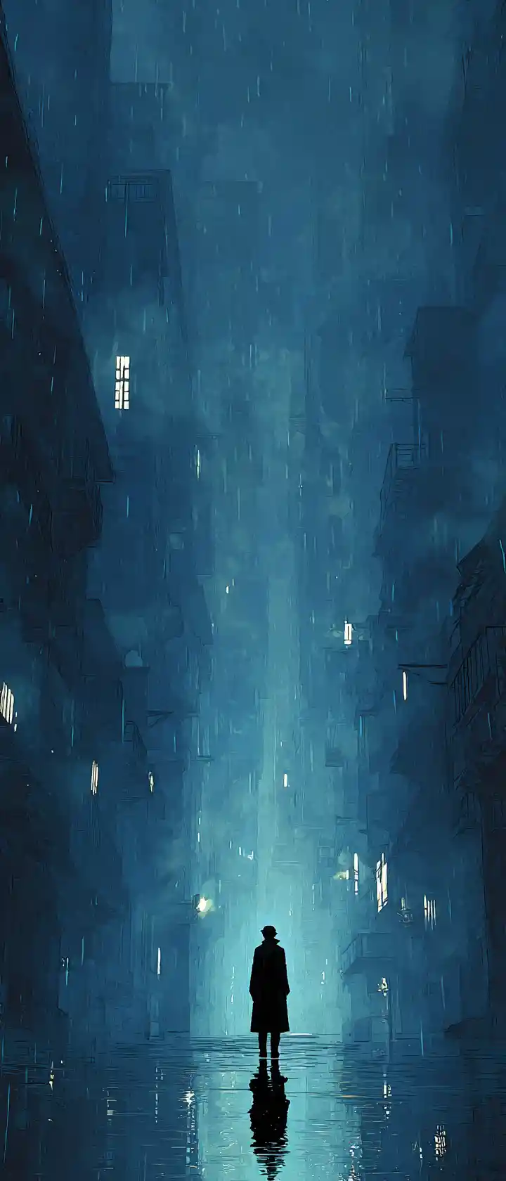 Viajante solitário em rua invertida de cidade anime chuvosa