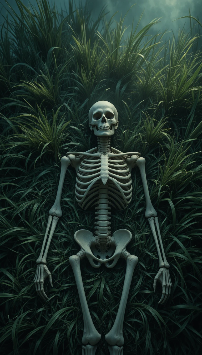 Esqueleto descansando na grama em cena cinematográfica ao luar