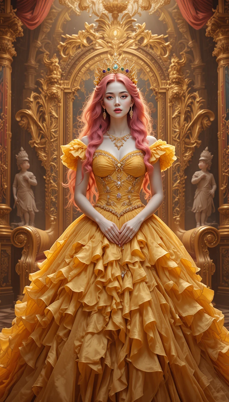 Rainha régia de vestido amarelo em salão do trono dourado