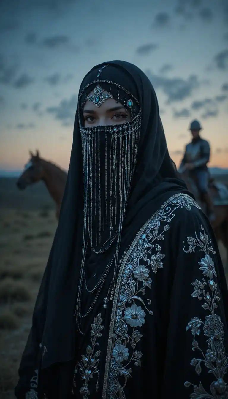 Mujer velada con túnica negra al atardecer en la naturaleza