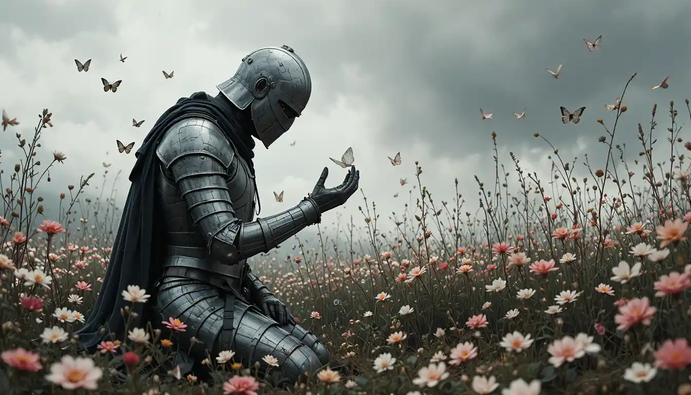 Kneeling medieval knight in wildflower field with butterflies