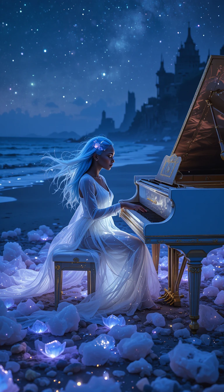 Donna afrofuturista al pianoforte su una riva aliena luminosa