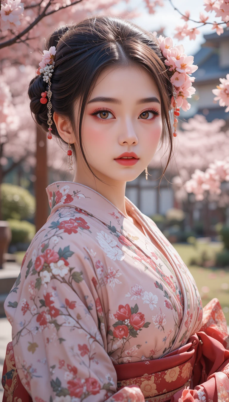 和服日本偶像少女置身櫻花之中