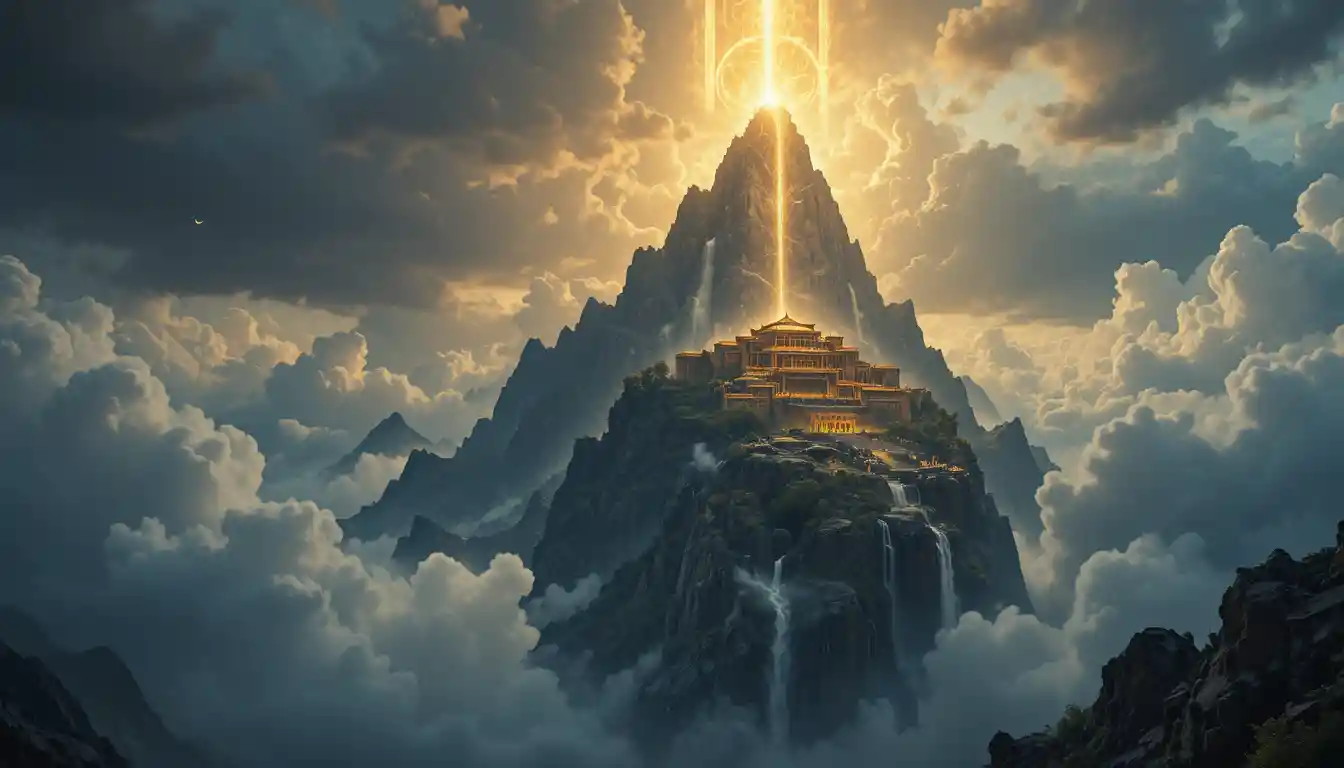 Mount Olympus with glowing golden palaces above storm clouds