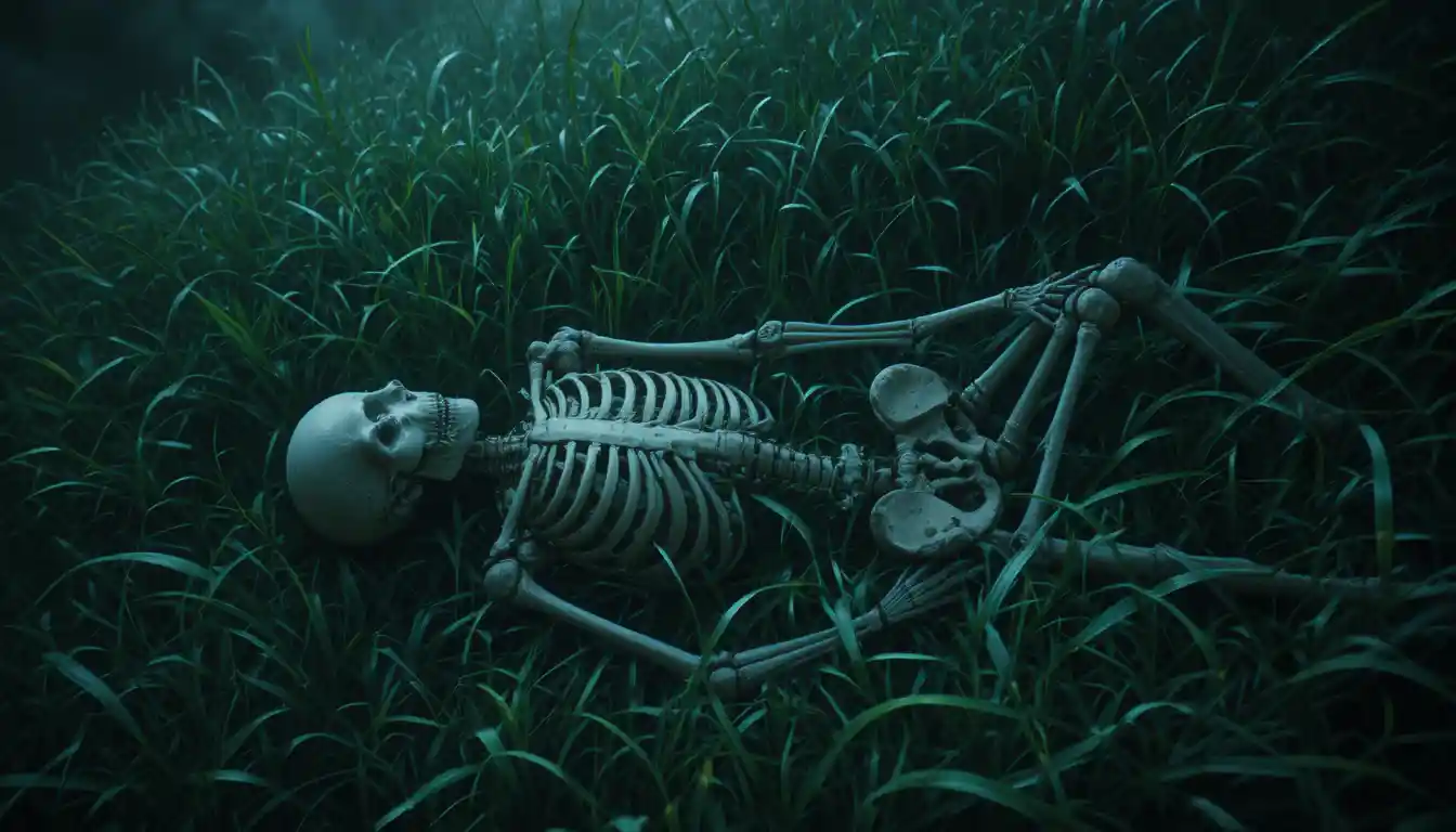 Squelette dans l’herbe au clair de lune vu d’en haut façon cinéma