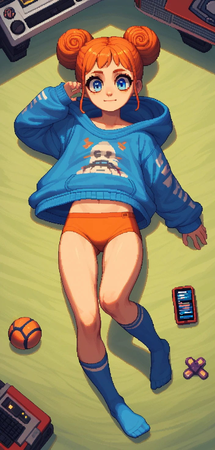 Ragazza anime che si allunga in una palestra retrò a pixel su una stazione spaziale