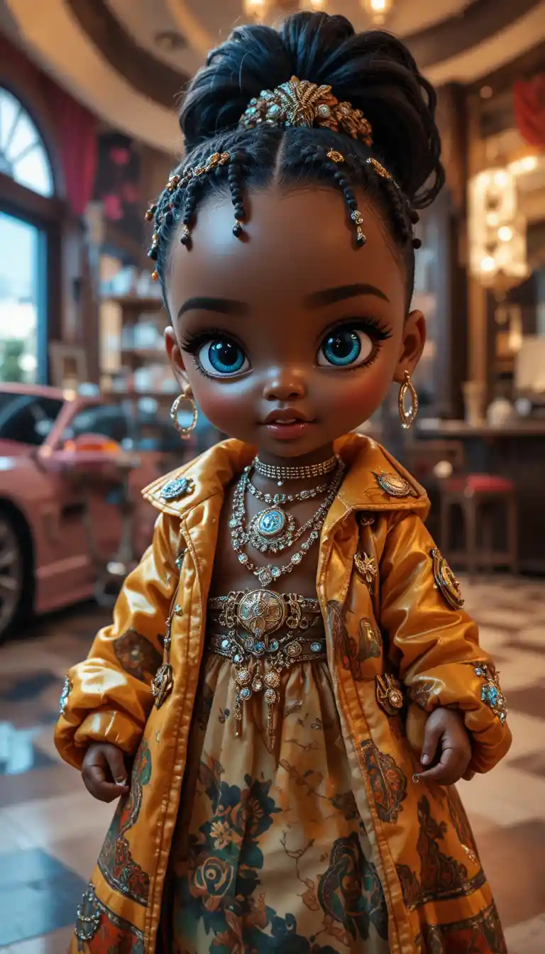 Ritratto in stile Pixar di una ragazza alla moda con occhi azzurri