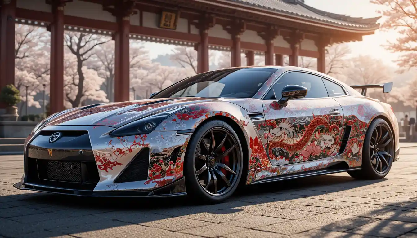 桜とドラゴンアートが彩る高級スポーツカー