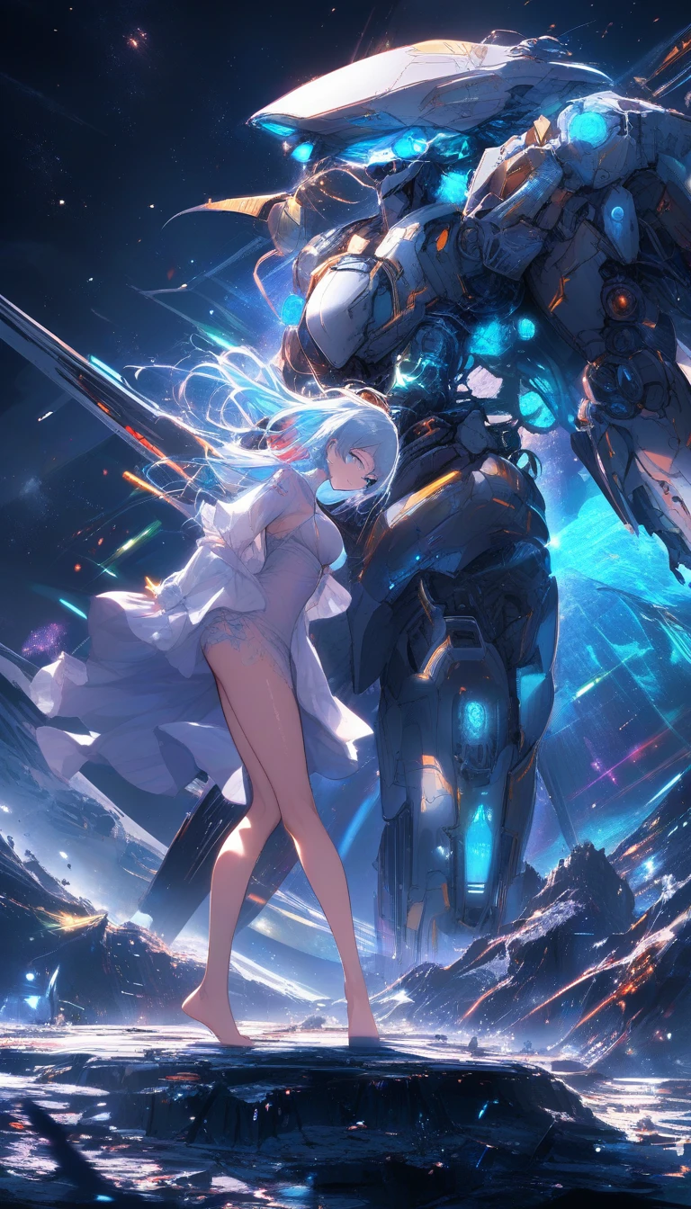 Defeated female cyborg amid wrecked mecha on the ground