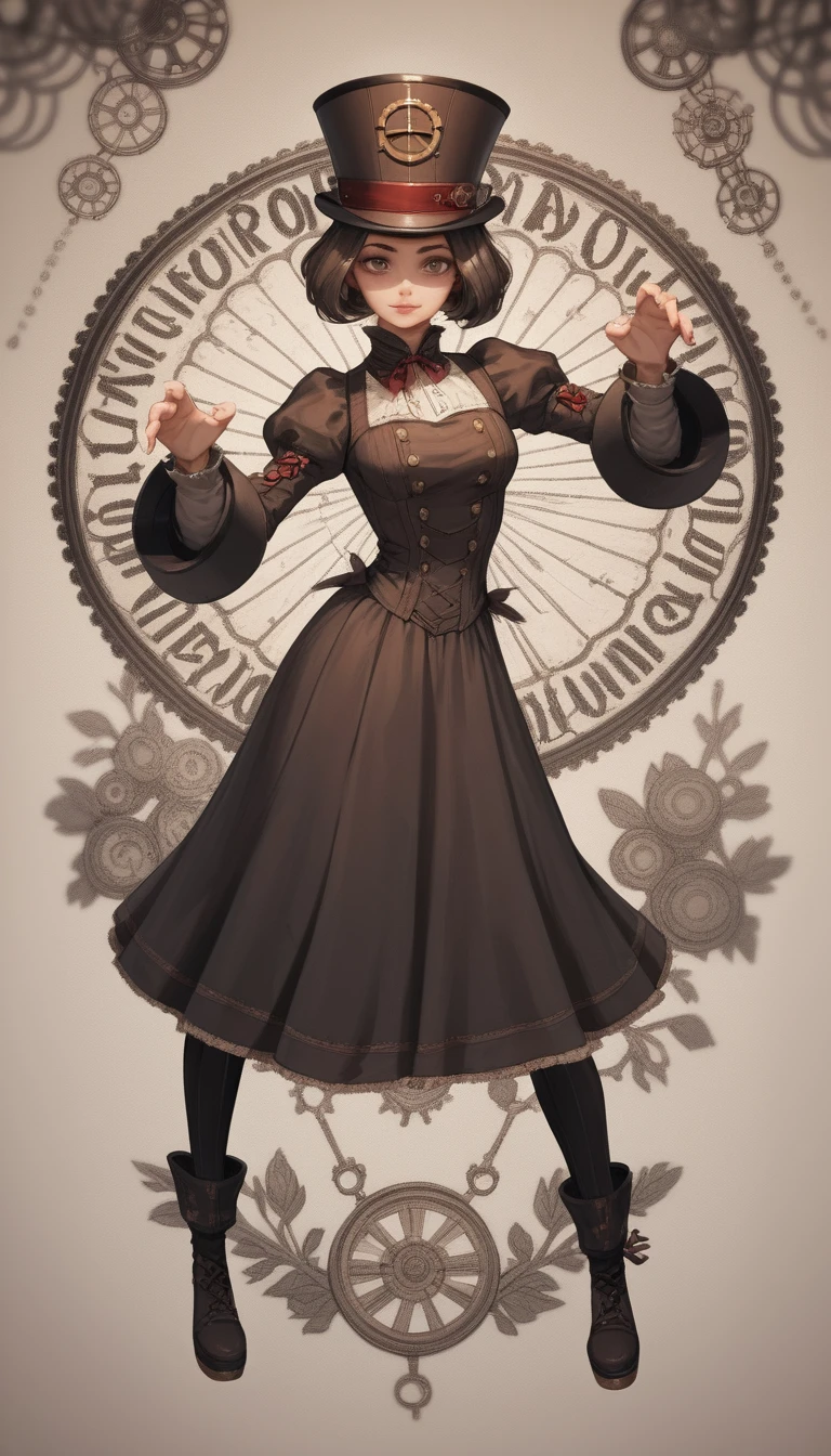 Femme anime en grand écart devant une ville steampunk