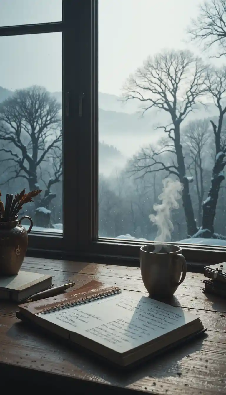 Escritorio de estudio invernal y acogedor junto a una ventana escarchada