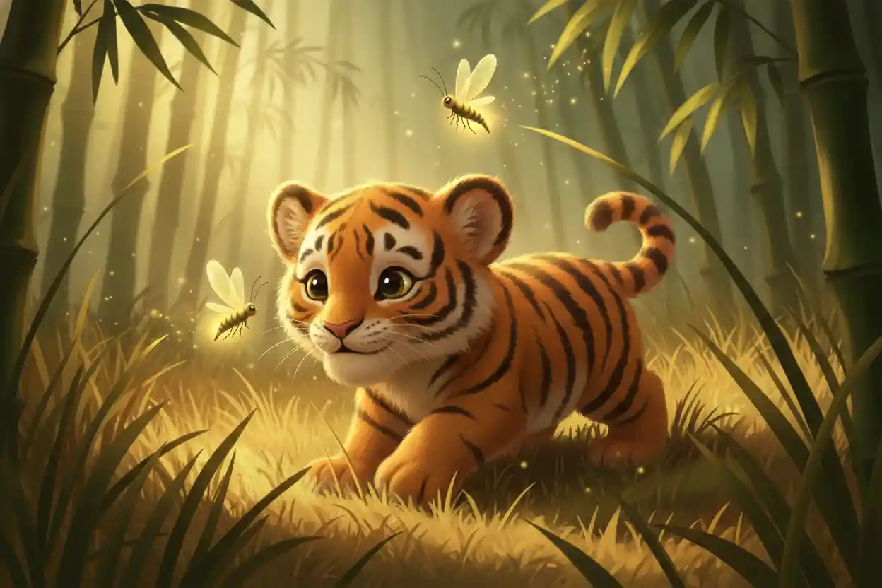 Playful tiger cub with glowing fireflies in bamboo grass