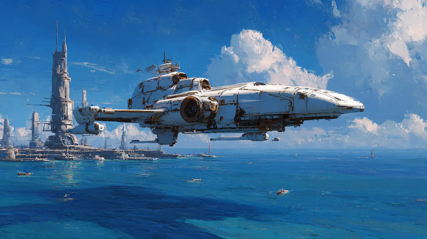 Oil painting of a sci fi spaceship over an alien ocean