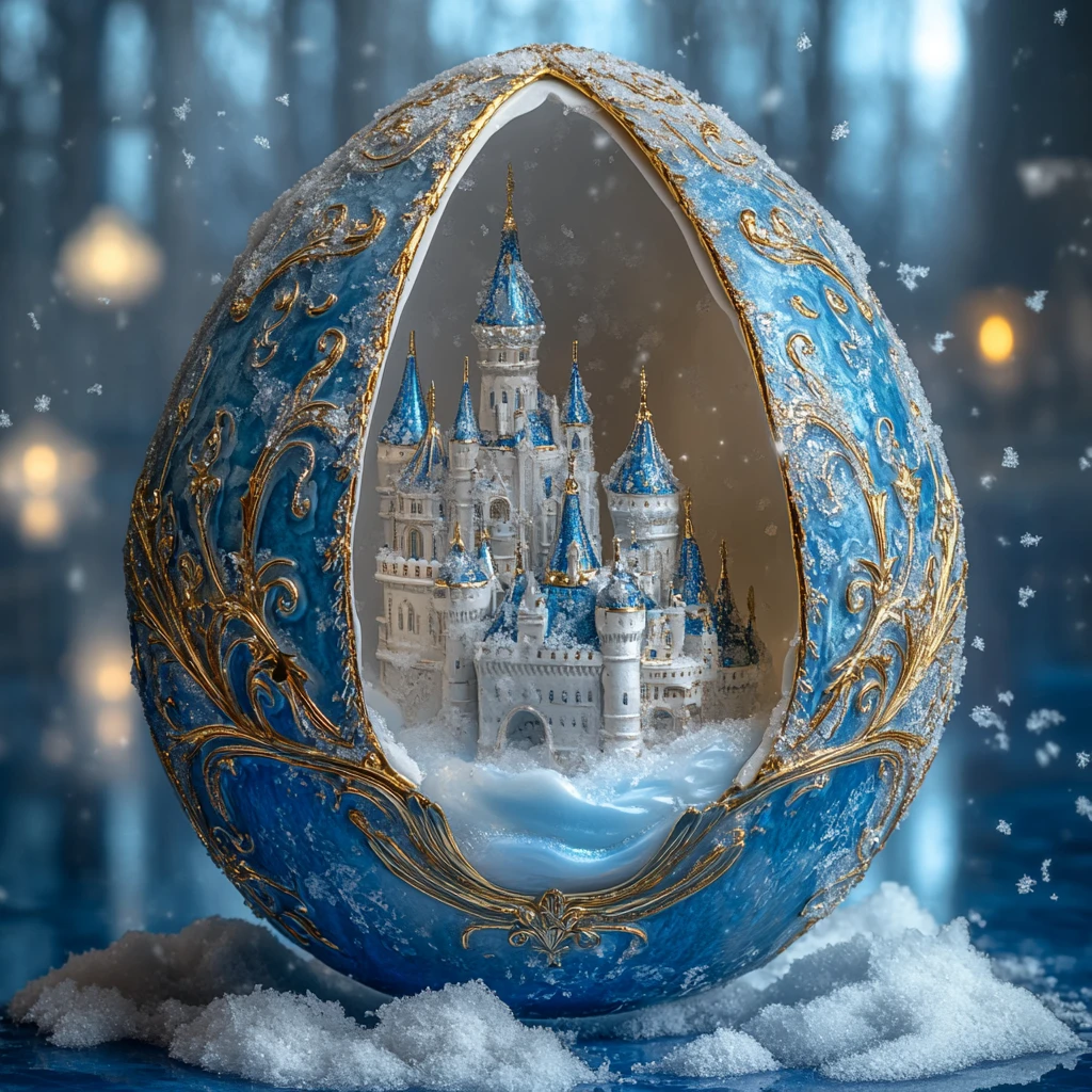 Ovo ao estilo Fabergé revelando castelo de neve em miniatura