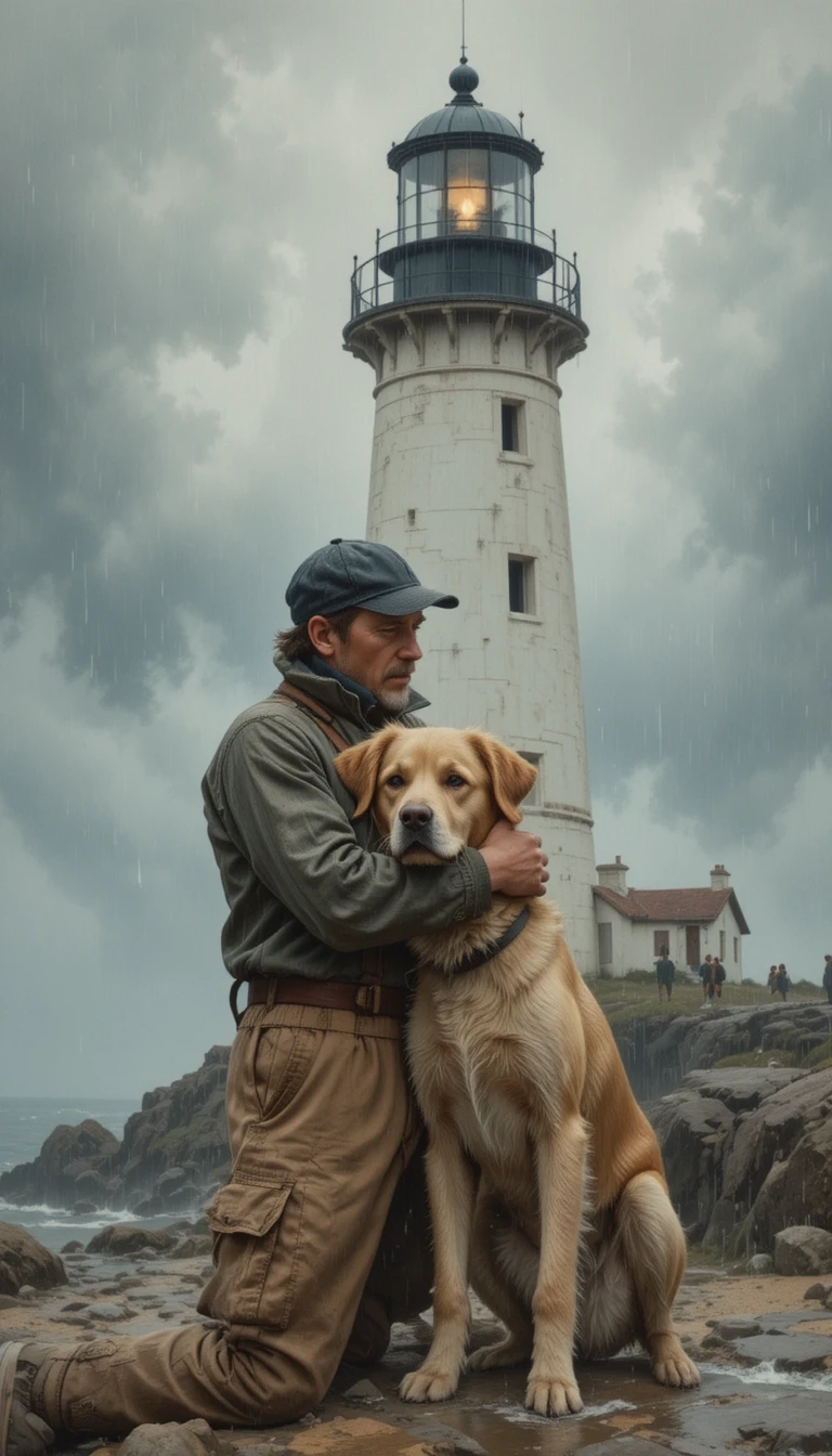 やさしい雨の中で忠実な犬を抱きしめる灯台守