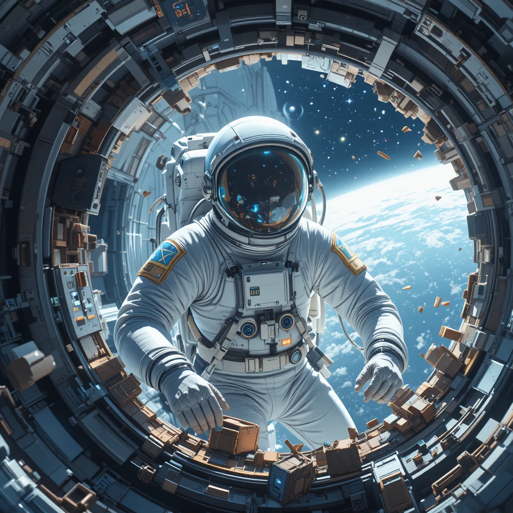 Anime-Astronaut repariert ein zertrümmertes Raumstationsmodul