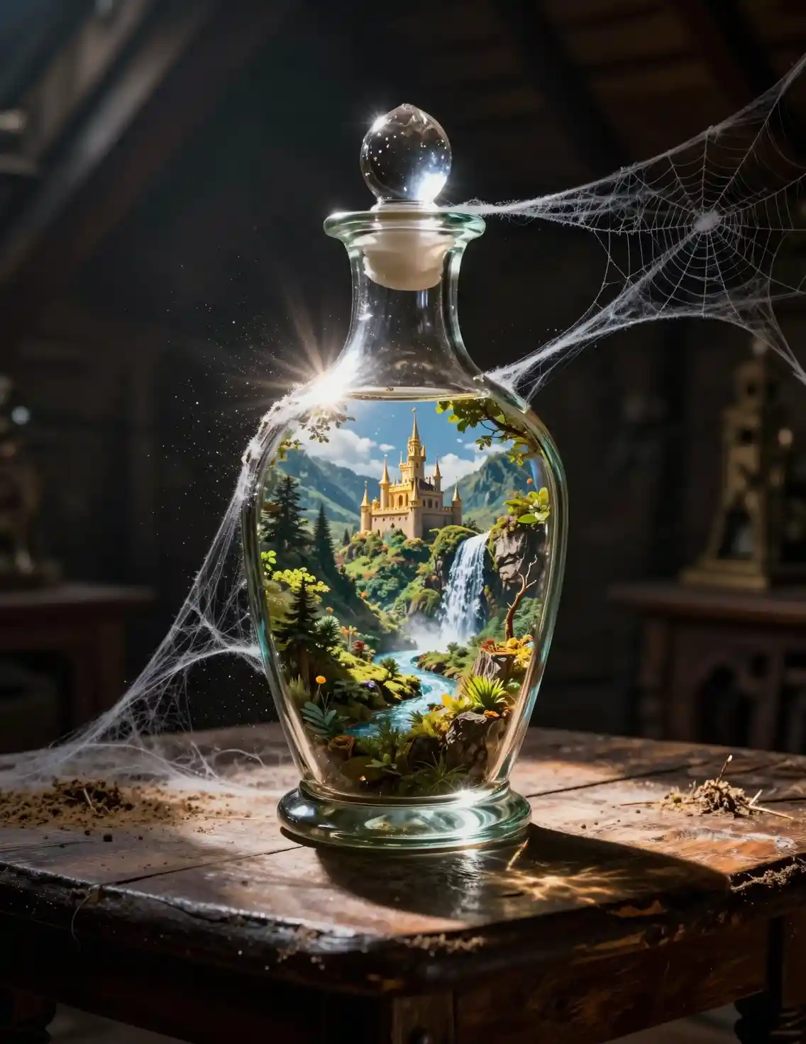 Glowing glass decanter revealing a hidden fantasy valley