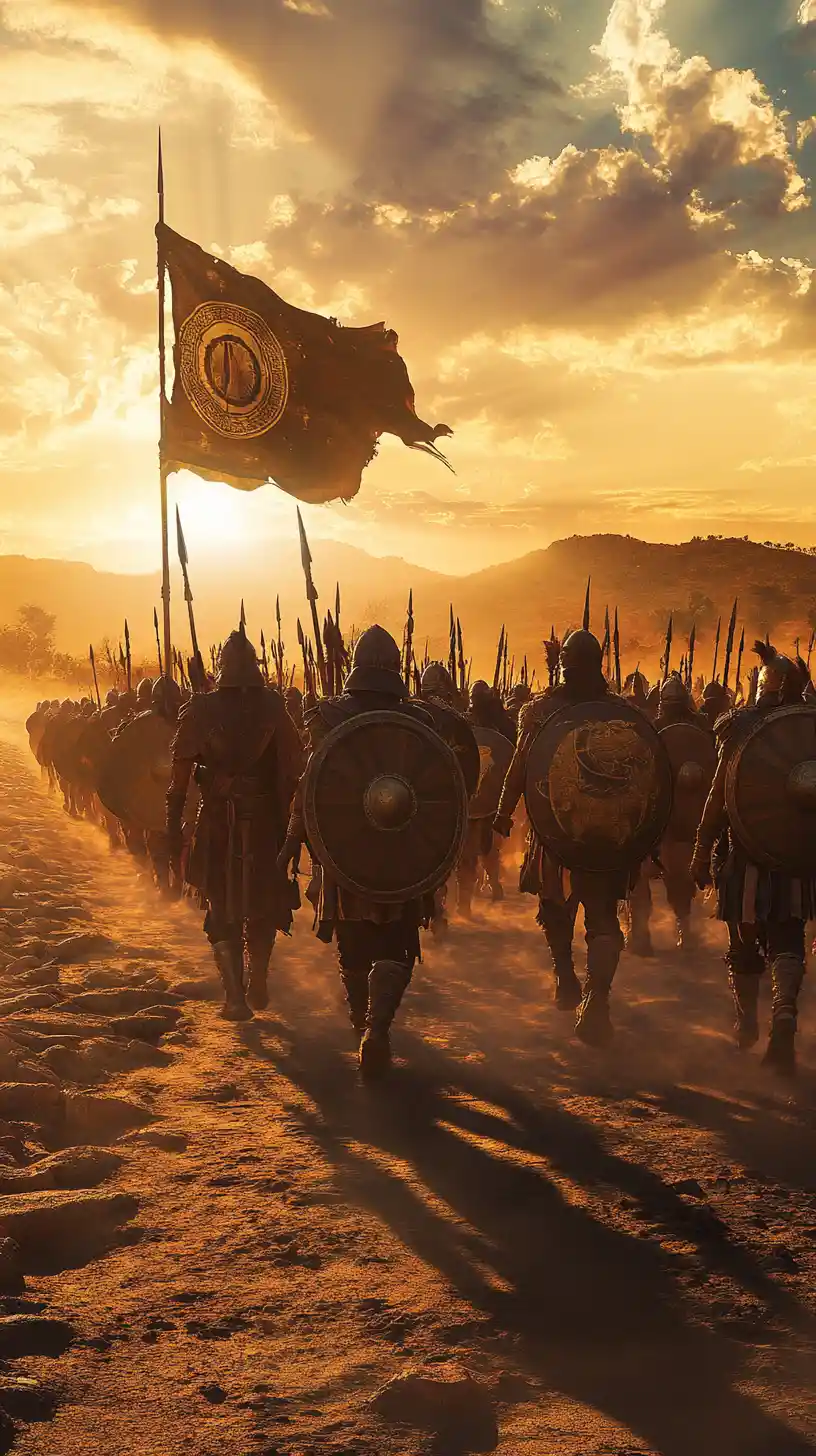 Guerriers numides marchant à travers un désert lumineux au coucher du soleil