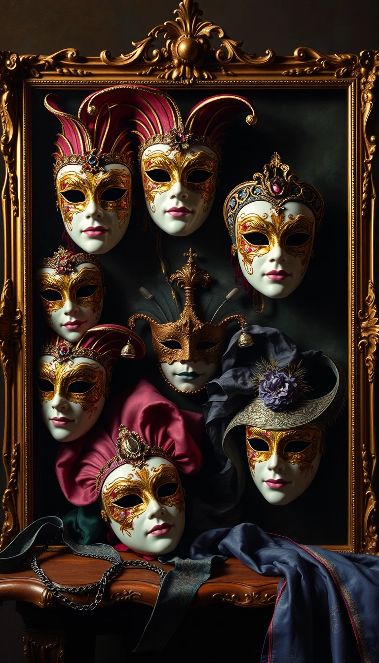 Venetian porcelain carnival masks in ornate framed display