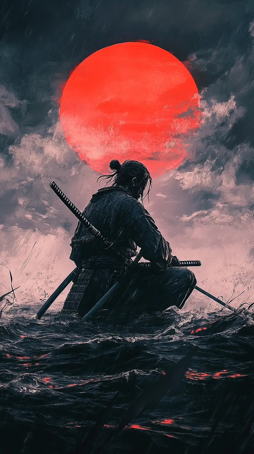暴風海與赤紅太陽前跪膝的孤獨武士