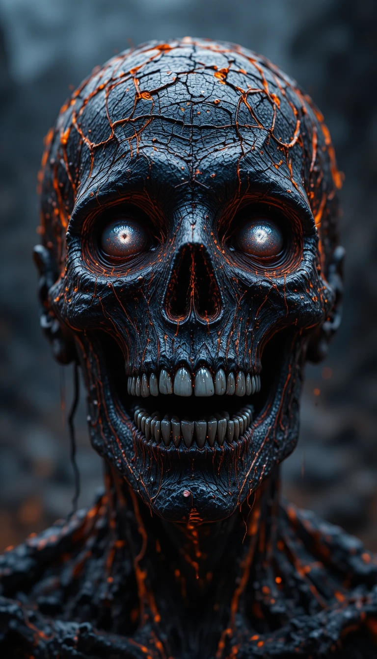 Molten lava skull with metallic sunken eyes and broken teeth