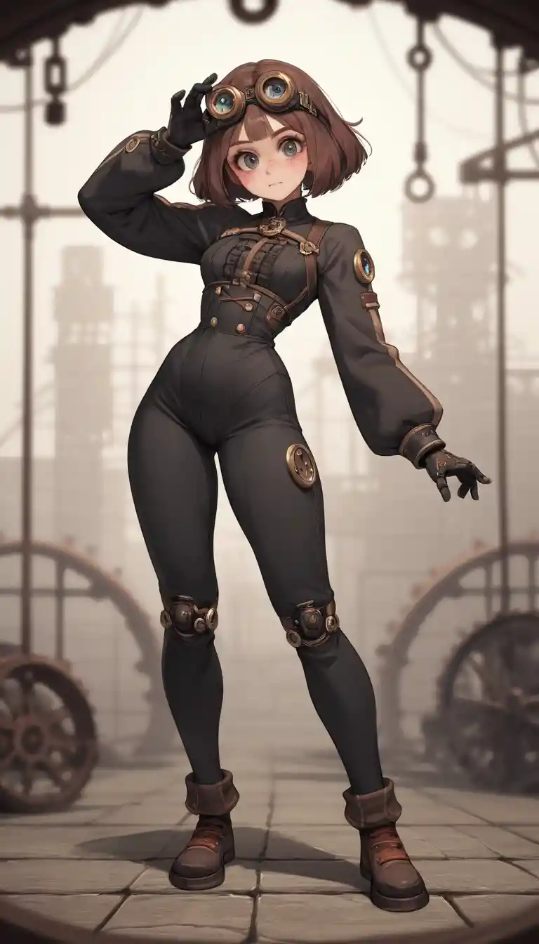 Femme anime en grand écart avec ville steampunk en arrière-plan