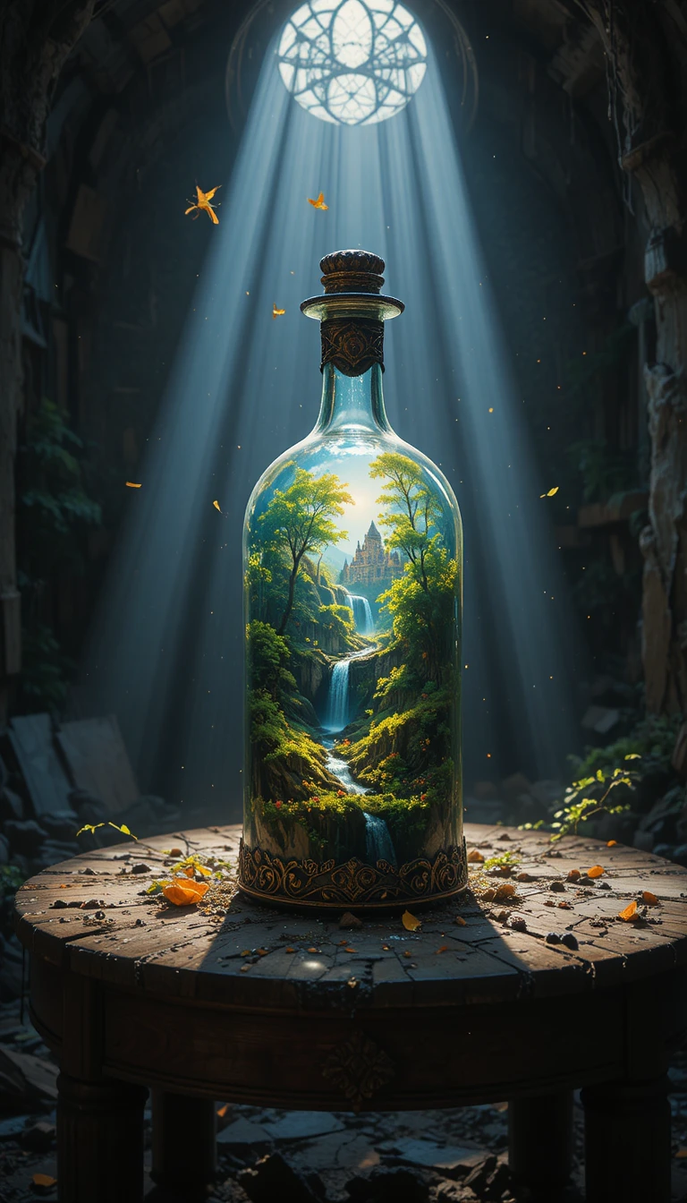 Glowing fantasy world inside antique glass bottle in attic