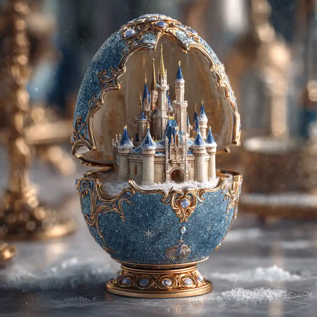 Ovo Fabergé com minúsculo castelo de neve e cristais cintilantes