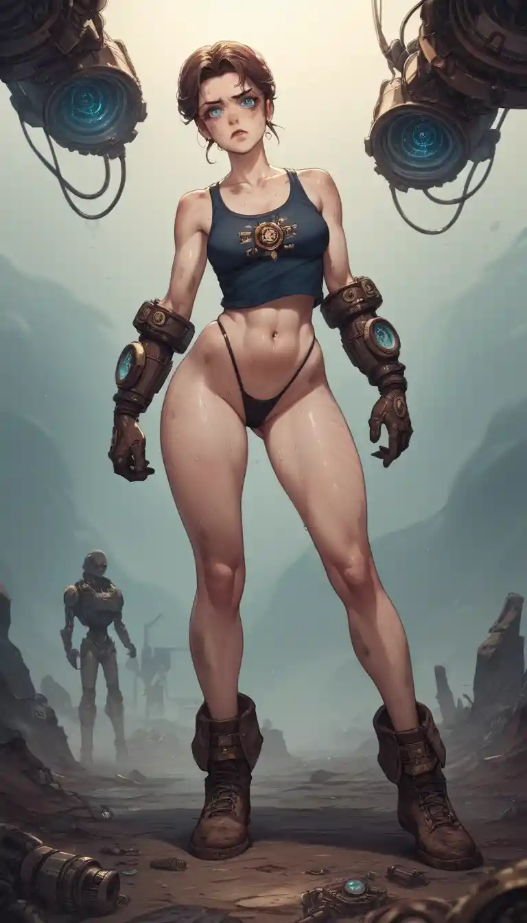 Femme fantastique tourmentée en grand écart sur fond steampunk