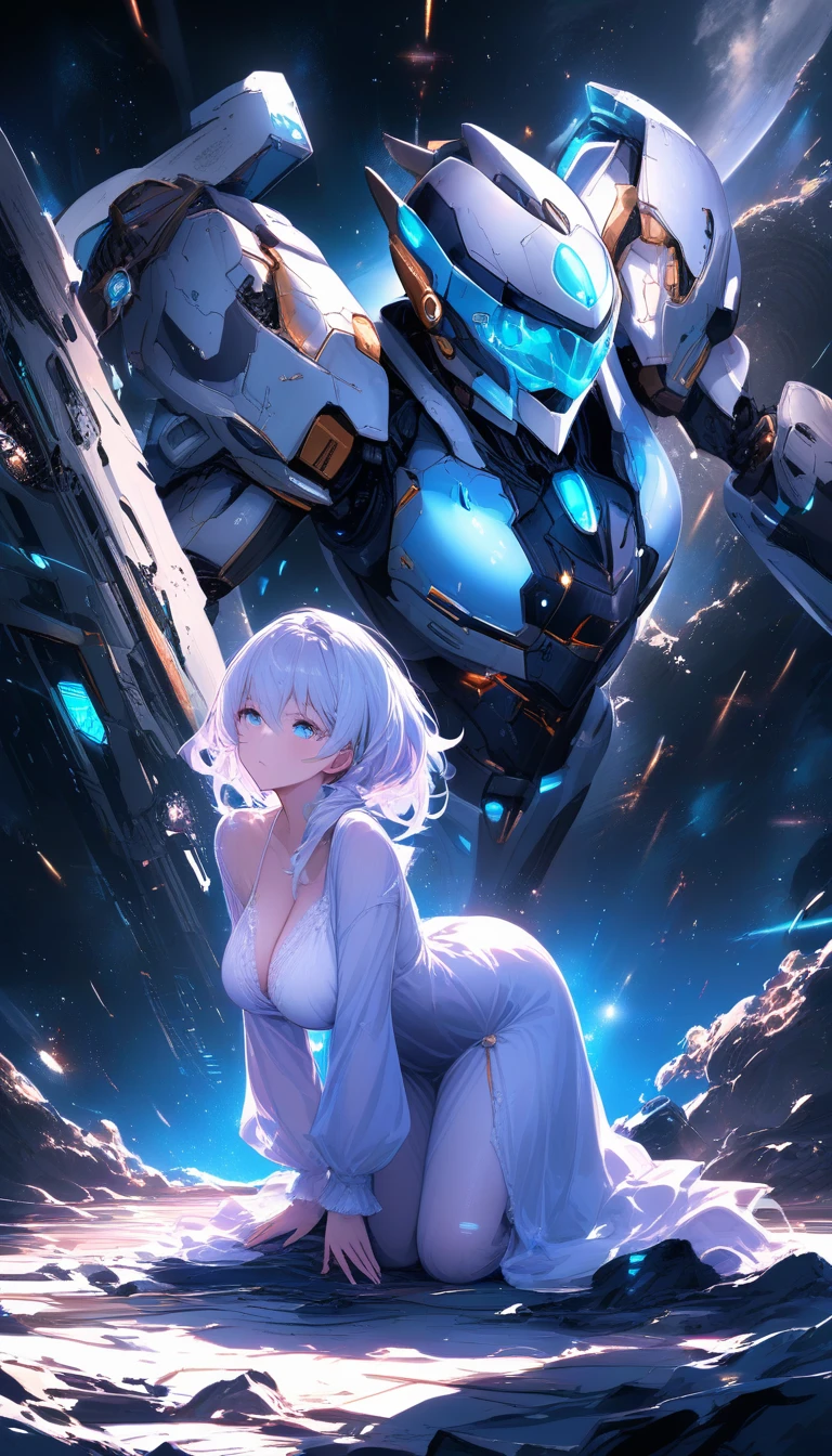 Defeated female cyborg amid wrecked mecha robot parts