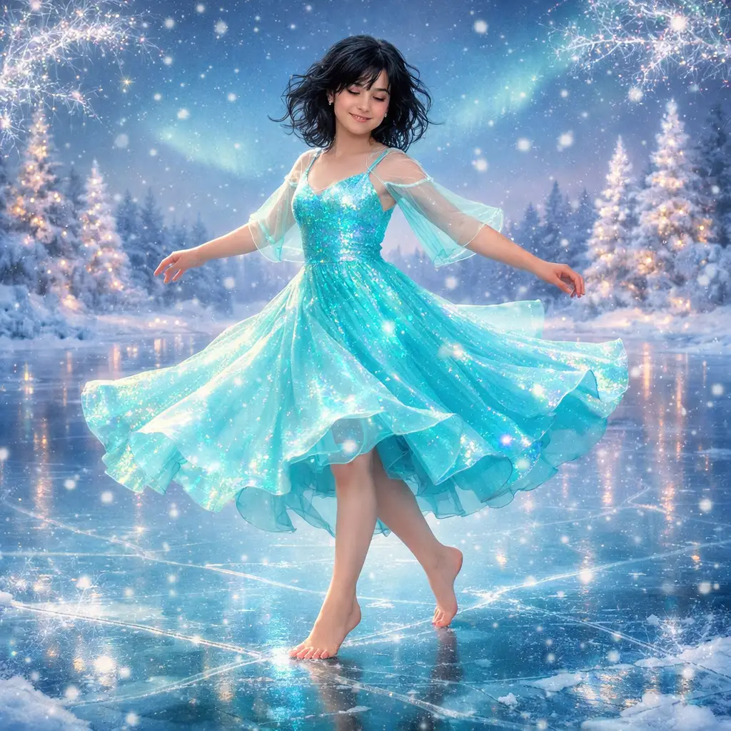 Ragazza a piedi nudi che danza su un lago invernale ghiacciato e luminoso