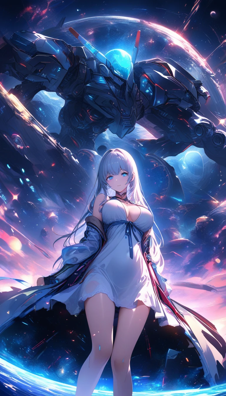 Defeated female cyborg amid wrecked mecha on the ground