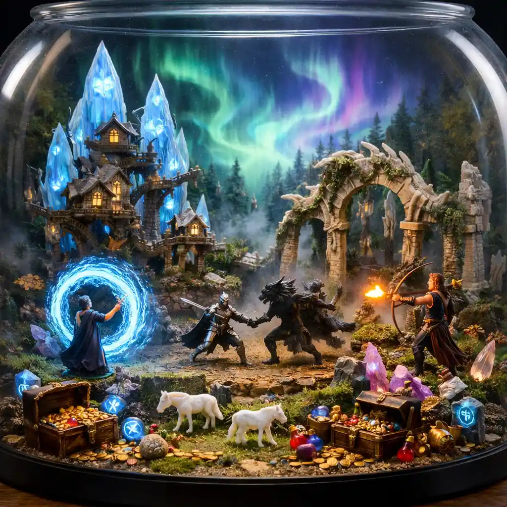Miniatur-Fantasy-Diorama mit Kristalltürmen und Baumhäusern