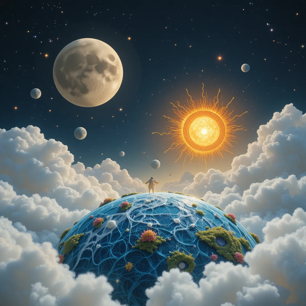 Visão têxtil onírica da lua, do sol e da Terra juntos