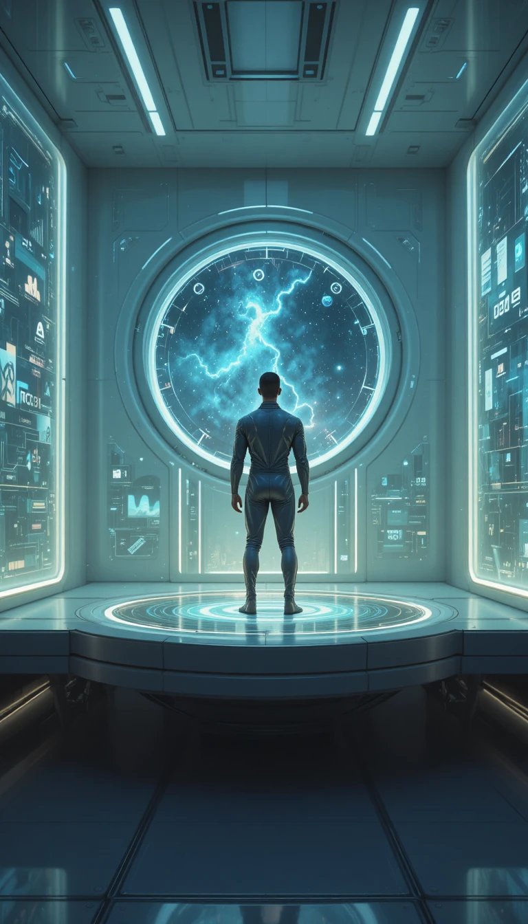 Uomo afrofuturista su piattaforma flottante in stanza sci‑fi