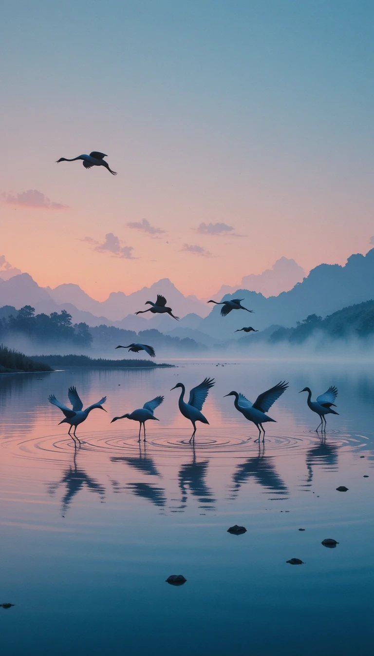 Grous graciosos deslizando sobre um lago sereno ao anoitecer