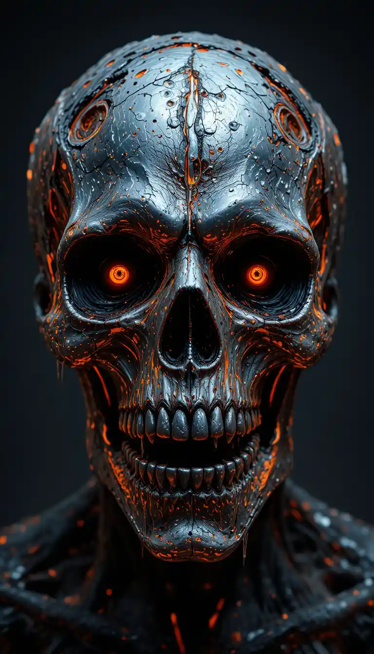Molten lava skull with metallic eyes and broken teeth